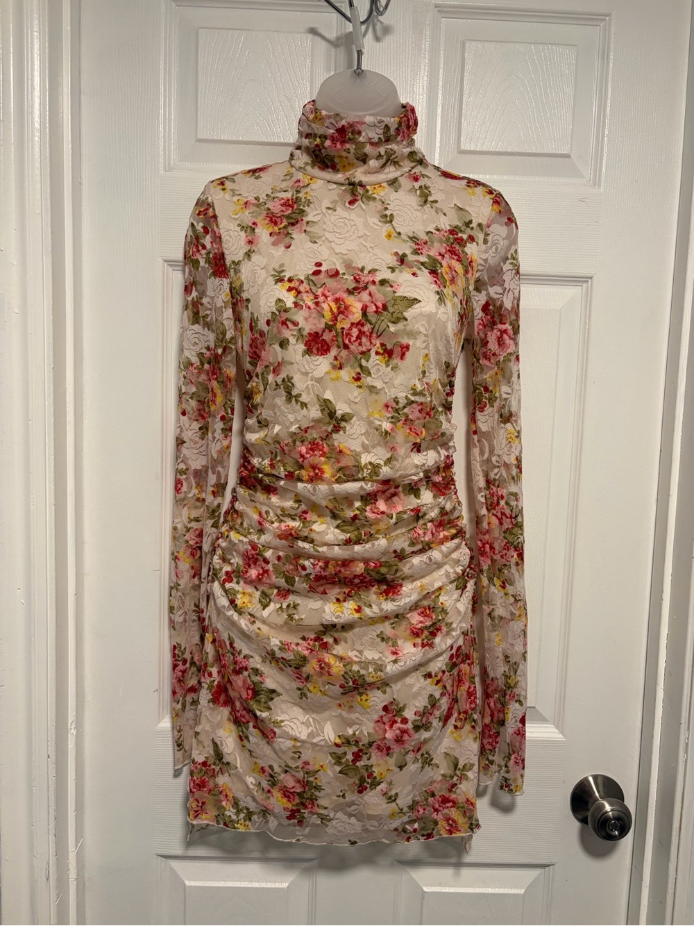 Vici Floral Lace Turtleneck Ruched Mini Dress - White with Pink & Green Floral